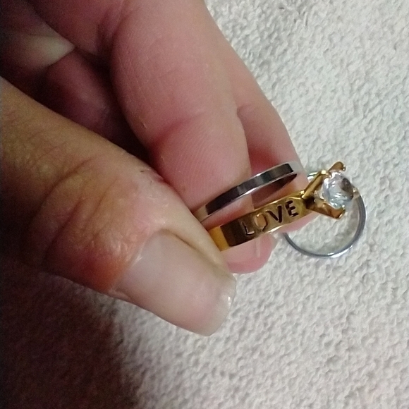 Two tone silvertone goldtone love ❣️ crystal ring 3 rings in total stainless st. - Picture 5 of 6